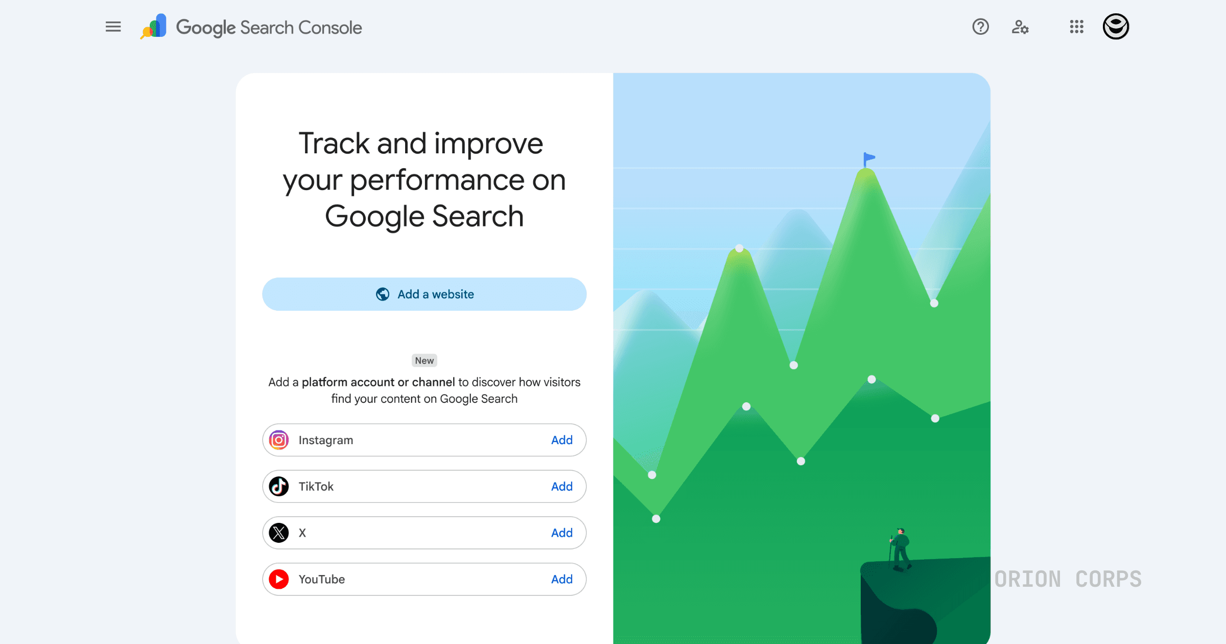 Google Search Console welcome interface with onboarding options to add a website or add a platform account like Instagram, TikTok, X, and YouTube