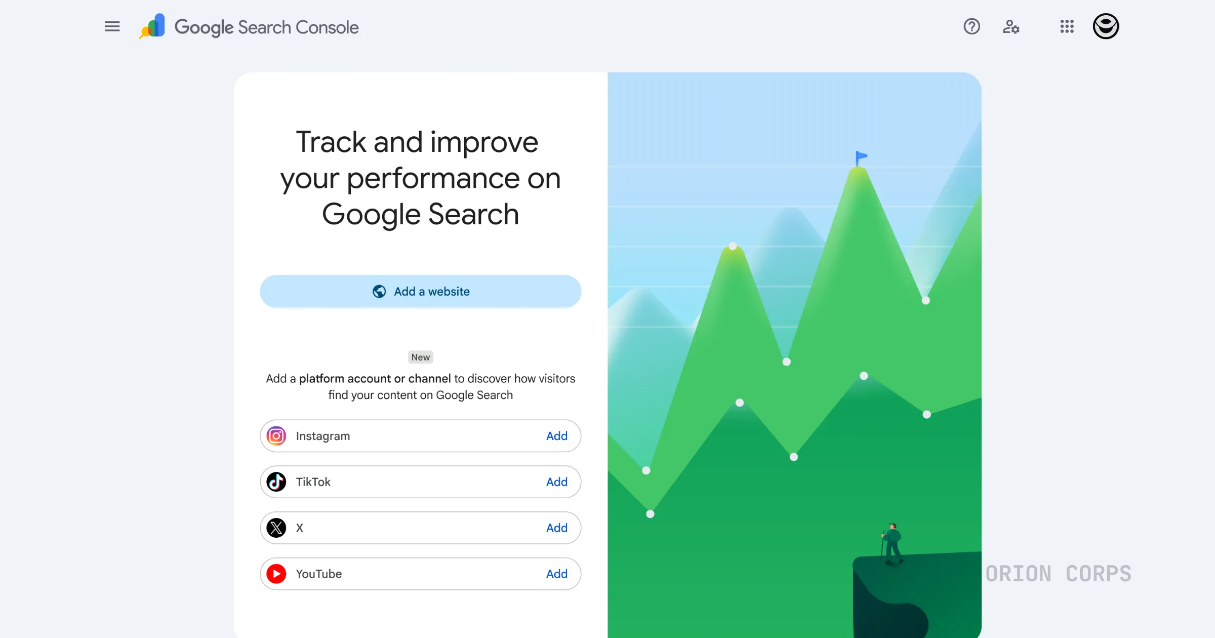 Google Search Console welcome interface with onboarding options to add a website or add a platform account like Instagram, TikTok, X, and YouTube